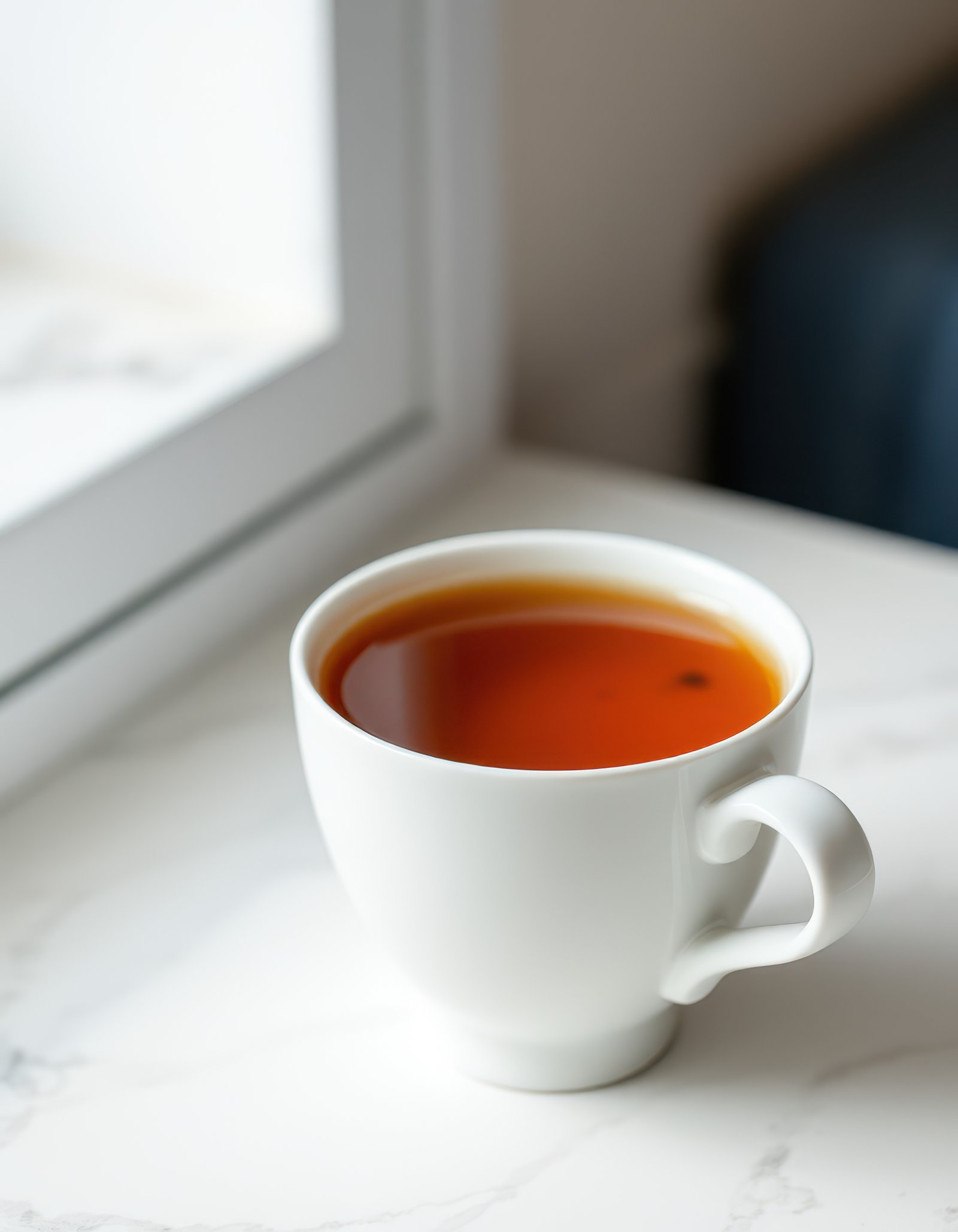 Steaming cup of tea on a bright windowsill creating a cozy atmosphere in a calm indoor setting